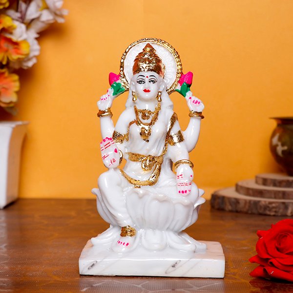 Divine Marble Goddess Maa Laxmi Idol ? 7 Inch Showpiece for Study Room, Home & Office