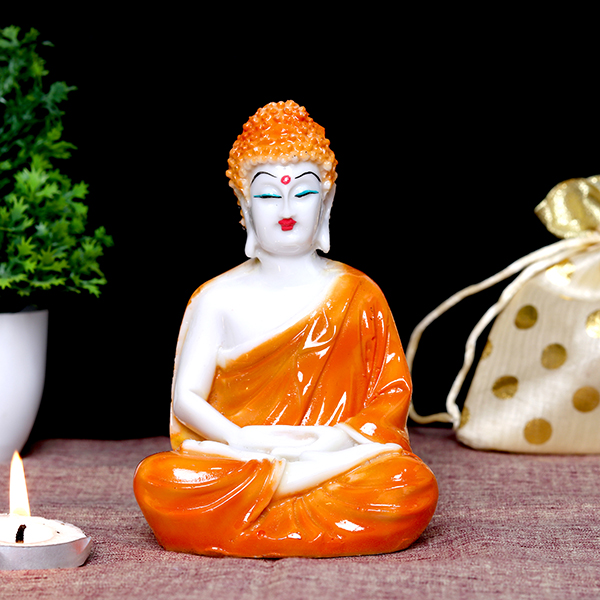 Lord Buddha Idol Showpiece for Home Decor (Orange) Marble – 5.5 Inch