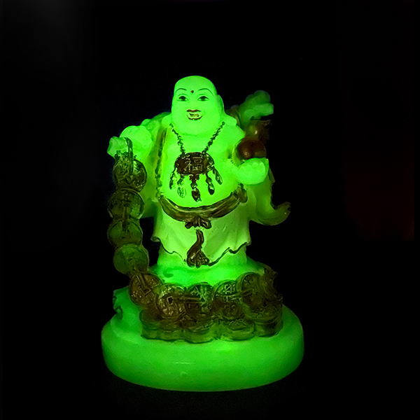 Radium Light Buddha Statue with Gold Coin Accents